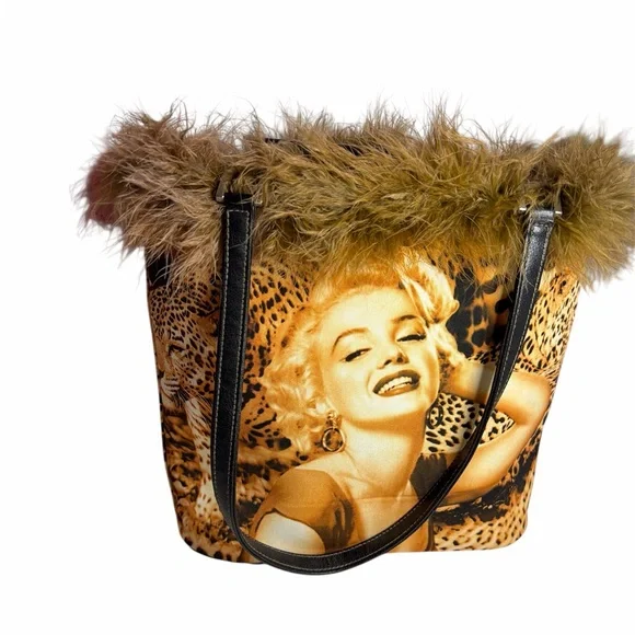 Marilyn Monroe Faux-Fur Trim Leopard Print Tote Bag in Brown - Picture 2 of 4
